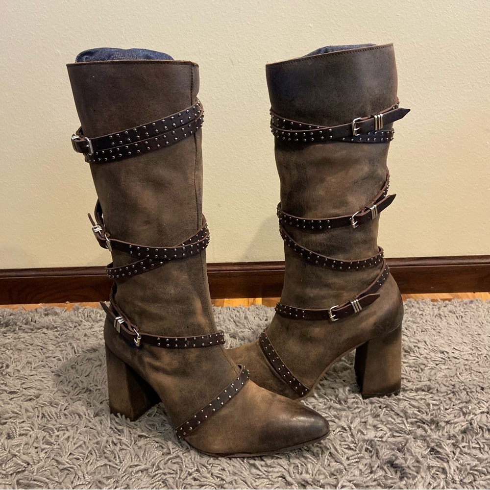 Freebird JAX Strappy Tall Distressed Leather Riding Boots Size 10 - Picture 8 of 16